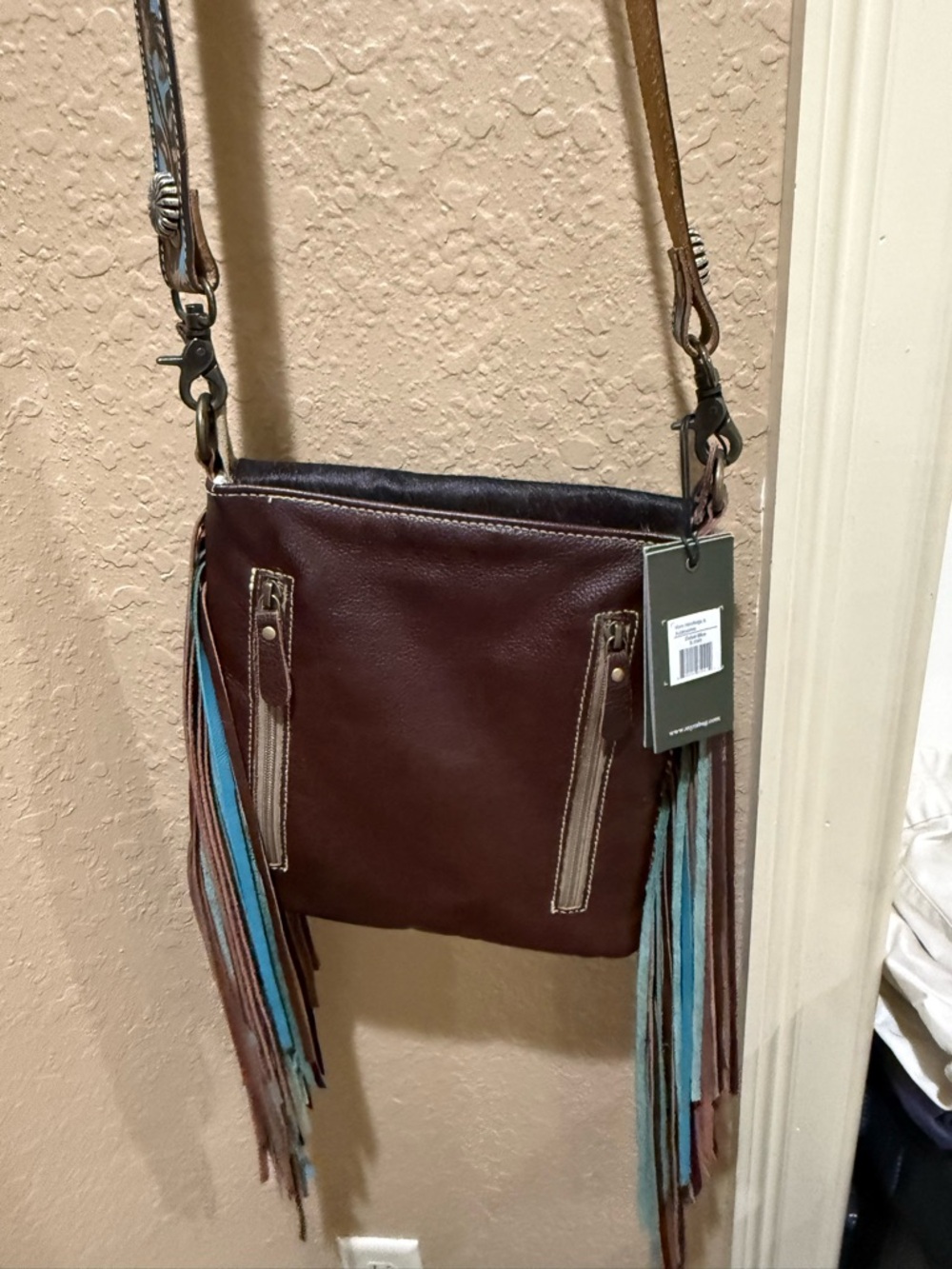 Myra Bag Black & Turquoise Cowhide Fringe Crossbody - Picture 5 of 6